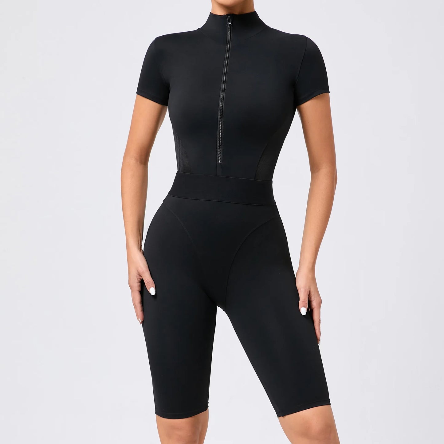 White Women Bodysuits Custom Label Yoga Rompers Woman Short Jumpsuit Side Mesh Zip up Bodysuit for Gym Wear Jolene London