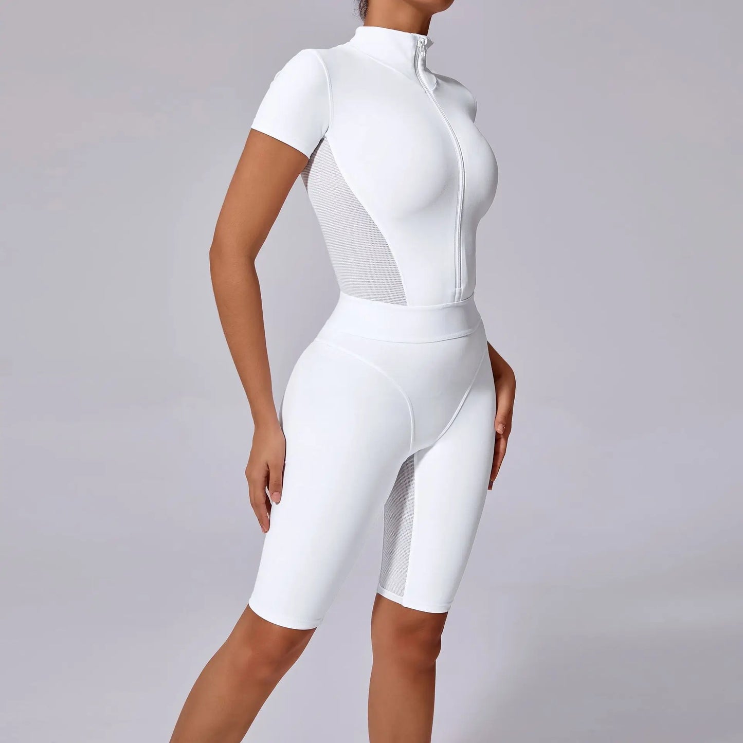 White Women Bodysuits Custom Label Yoga Rompers Woman Short Jumpsuit Side Mesh Zip up Bodysuit for Gym Wear Jolene London