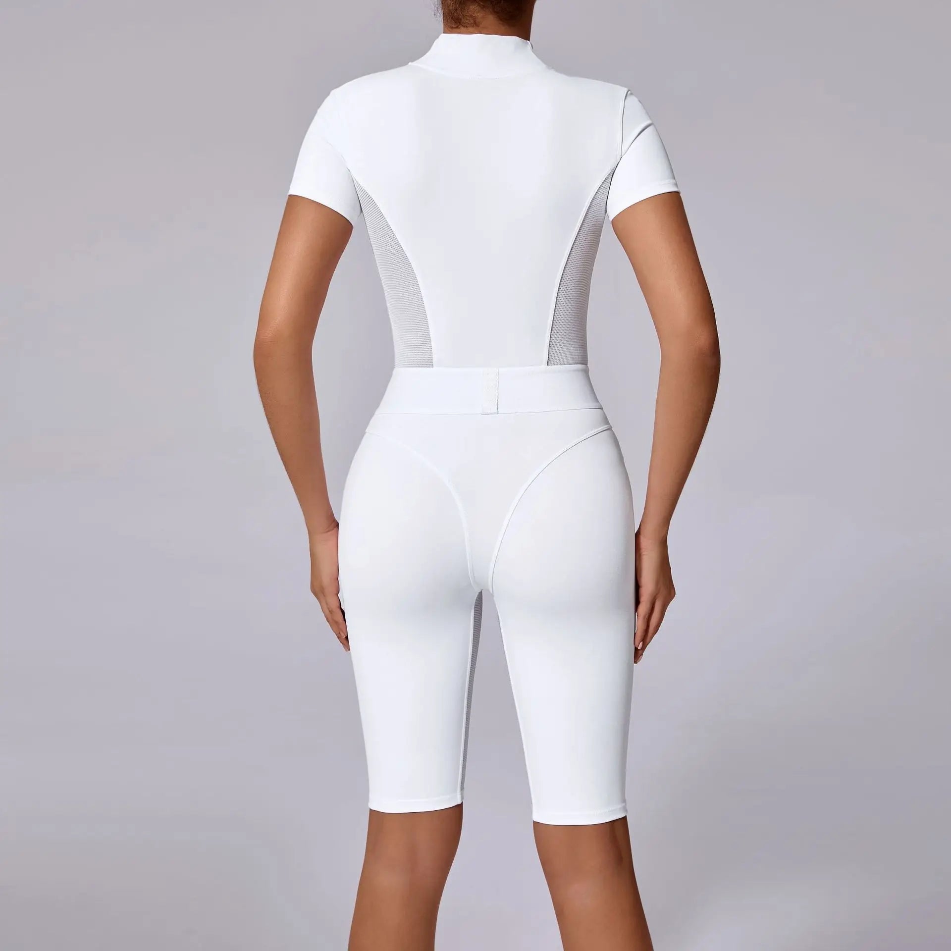 White Women Bodysuits Custom Label Yoga Rompers Woman Short Jumpsuit Side Mesh Zip up Bodysuit for Gym Wear Jolene London