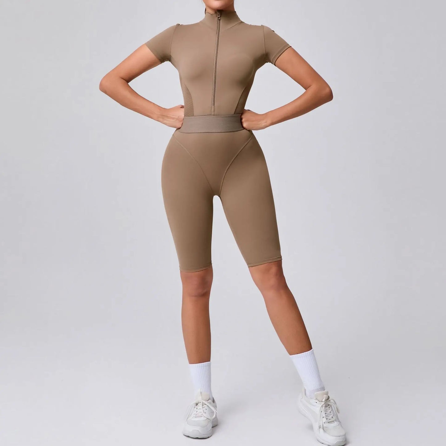 White Women Bodysuits Custom Label Yoga Rompers Woman Short Jumpsuit Side Mesh Zip up Bodysuit for Gym Wear Jolene London