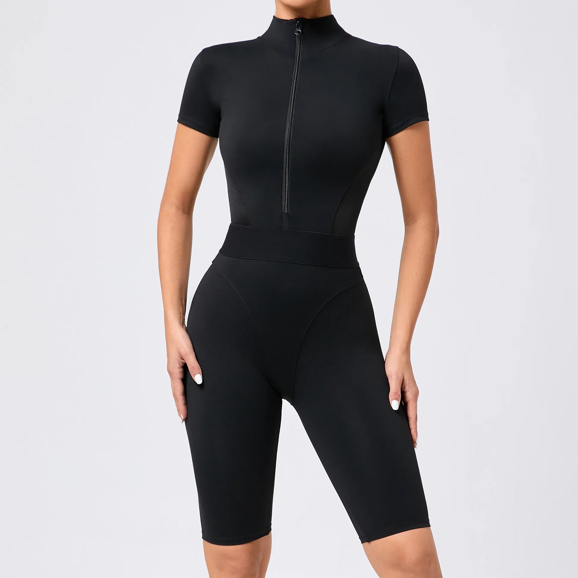 White Women Bodysuits Custom Label Yoga Rompers Woman Short Jumpsuit Side Mesh Zip up Bodysuit for Gym Wear Jolene London